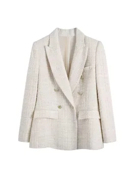 Kadın Beyaz Tüvit Blazer Bahar 2022 Moda Bayan Ofis Blazer Yaka İnce Ceket Ceket