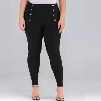Artı Boyutu kadın pantolonları Yüksek Bel Düğme Streç Dar Tayt Kruvaze Büyük Boy kadın pantolonları