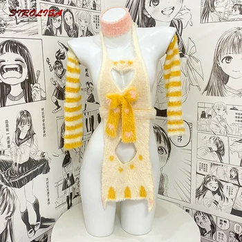Seksi Iç Çamaşırı Catwoman Sarı Peluş Aşk Hollow Out Açık Göğüs Halter Cosplay Kostümleri Kawaii Yay Kedi Önlük Kazak Takım Elbise Anime