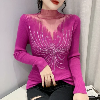 Kore Versiyonu Yarım Yüksek Yaka Delikli Elmas Örgü Uzun Kollu Kadın Sonbahar Dip Moda Örme Kazak