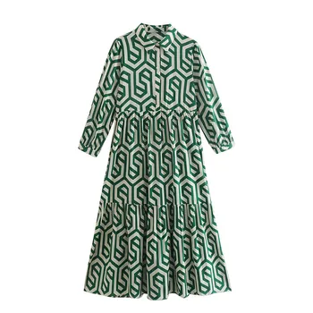 2022 Yaz Yeni Kadın Vintage Geometrik Baskı Pleats Casual Slim Midi Gömlek Elbise Pleats Ruffles bir çizgi elbise Zarif Giysiler
