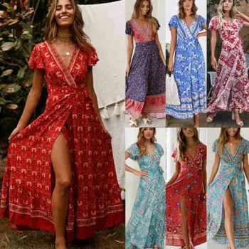 Kadın Kısa Kollu Boho Çiçek uzun elbise Bayanlar Yaz Wrap Bölünmüş Sundress V Yaka Vintage Vestido Tatil Zarif Elbiseler 2019
