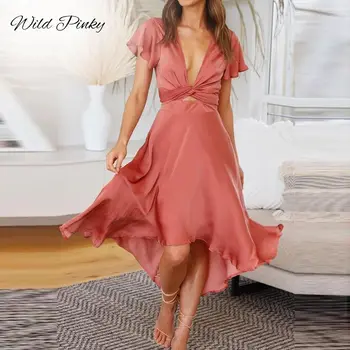 WildPinky Rahat Düz Renk Derin V Yaka Yaz Kadın Elbise 2022 Zarif Hollow Out Ofis Bayanlar Elbiseler Kısa Kollu Vestidos