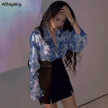 Setleri Kadın Şifon Baskı Tek Göğüslü Uzun Kollu Gömlek Streetwear İmparatorluğu A-line Yan yarık Mini Etekler Seksi Kore Moda