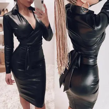 Seksi Uzun Kollu Gömlek Siyah elbise Pu Deri Kadın Kulübü Parti Kısa Elbise V Boyun Dantel Up Bandaj Lateks Bodycon Midi elbise