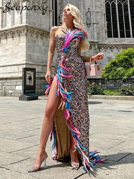 Yüksek Kalite Kadınlar Yaz Seksi Kapalı Omuz Backless Tüy Örgü Sequins Bodycon uzun elbise 2022 Zarif Akşam Parti Elbise
