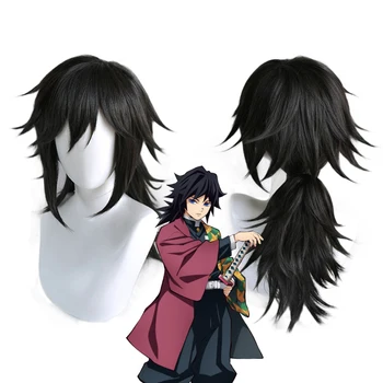 Anime iblis avcısı: Kimetsu hiçbir Yaiba Tomioka Giyuu 55cm Uzun Siyah Peruk İsıya Dayanıklı Saç Cosplay Kostüm Peruk