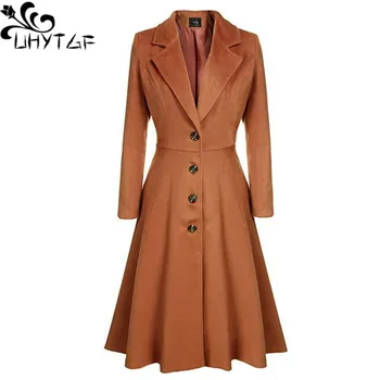 UHYTGF Kış Yün Ceket kadın Moda Tek Göğüslü Ince Sonbahar Rüzgarlık Kadın Uzun Ceket Rahat Bayanlar Palto 2153