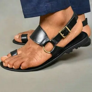 Sandalet erkek Vintage ayak baş parmağı yüzüğü PU Deri Erkek Flats Ayakkabı Rahat Seyahat plaj terlikleri 2022 Yaz Roma Büyük Boy 38-48