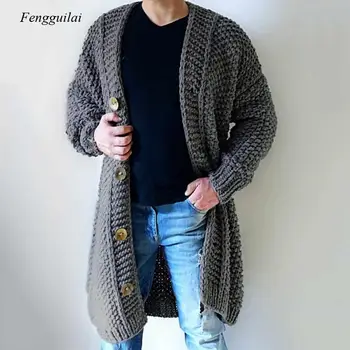 Sonbahar ve Kış erkek Uzun Örme Kazak Rahat düz renk Hırka Ceket Kalın Düğme ceket