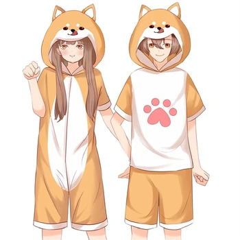 Anime Kısa Tulum Kawaii Shiba Inu Pijama Onesie Yetişkinler Kigurumi Corgi Kapşonlu Pijama Kadın Erkek Kıyafeti Artı Boyutu