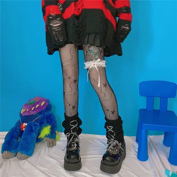 Seksi Kadınlar Yıldız Baskı Fishnet Mesh Yüksek Bel Külotlu Parti Kulübü Kostümleri Anime Çorap Gotik Siyah Tayt Lolita Punk Çorap
