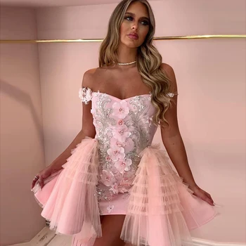 Moda Pembe 3D Çiçek Kadın Parti Elbiseler Parlak Payetli Boncuklu Aplikler Simetrik Kokteyl Elbiseleri Seksi Parti Elbise