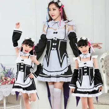 Anime Cosplay Kostüm Ram / Rem Kawaii Kız Hizmetçi Hizmetçi Elbise Ebeveyn-çocuk kıyafeti Cadılar Bayramı Karnaval Parti Elbise