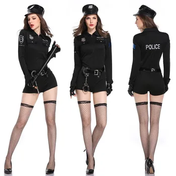 Siyah Uzun Kollu Tulum Kadın Polis Üniforma Seksi Kadın Sexi Samimi Polis Dantel Oyunu Oyna Üniforma Cosplay Giyim