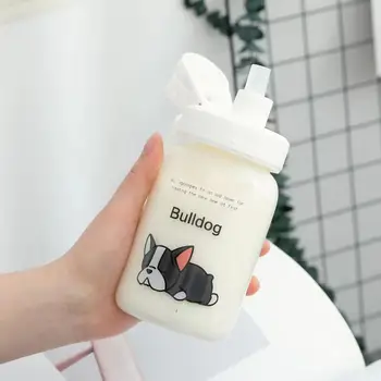 Pet Köpek Saman Fincan Basit Karikatür Hayvan Cam Su Şişesi ile Kapak Saman Küçük Taze Taşınabilir Şeffaf Açık süt kupası