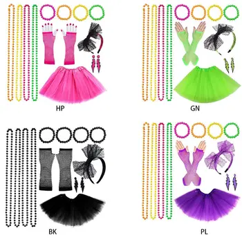 Kadınlar 80s süslü elbise Aksesuarları Retro Parti Kostüm Seti Yetişkin Tutu Etek Neon Fishnet Eldiven Boncuklu Kolye Bilezik Küpe