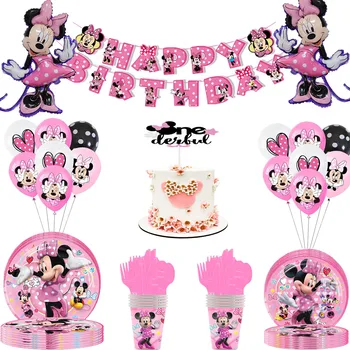 Pembe Minnie Temalı Disney Çocuk Doğum Günü Partisi Süslemeleri Bebek Duş Kız Doğum Günü Partisi Süslemeleri Tek Kullanımlık çatal bıçak kaşık tabaklar
