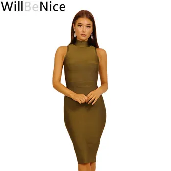 WillBeNice 2019 Ordu Yeşil Toptan Kolsuz Yüksek Boyun kadın Diz Boyu Bölünmüş Parti Bandaj Elbise Ünlü Bodycon Elbise