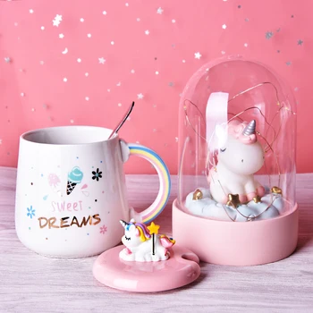 Sevimli Unicorn Kahve Kupa 3D Kapaklı ve Kaşıklı Seramik Çay Su Bardağı Hediye Kadınlar Kızlar için Beyaz 450ml