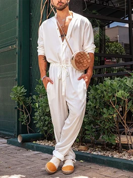 Erkekler Katı Tulum Moda Uzun Kollu Kemer Tek Göğüslü Tulum Yeni Streetwear Yaz Yüksek Bel Yaka İş Romper erkekler İçin