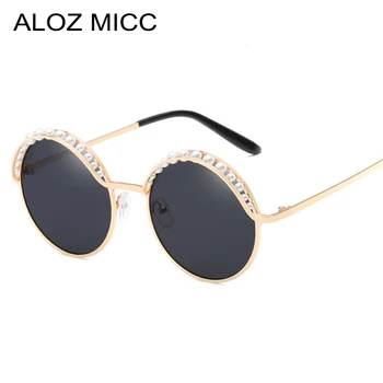 ALOZ MICC Lüks İnciler Yuvarlak Güneş Kadınlar Tasarımcı Marka Moda 2018 Yeni Kadın Ayna Gözlük Bayanlar Óculos UV400 Q325