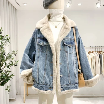 Denim Ceketler Kadınlar İçin Kore Moda Kadife Kalın sıcak tutan kaban Kış Her İki Taraf Giymek Gevşek Jean Mont Kadın Giysileri