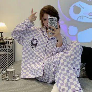 Kawaii Sanrio Pijama Kuromi Y2K kadın Loungewear Karikatür İki Parçalı Gömlek Pijama Seti pamuklu uzun kollu tişört Pijama noel hediyesi