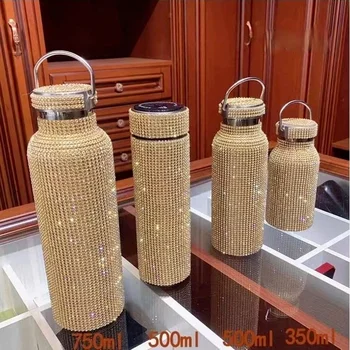 350/500/750ml Bling Elmas termos şişe Kahve Kupa Paslanmaz Çelik Su Şişesi Taşınabilir Spor Bardak Şişe Özel Hediye