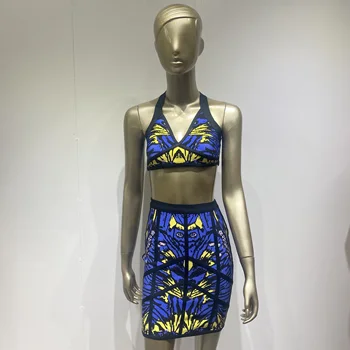 Satış Promosyonu ! Mavi Baskı Folyo Renk Kadınlar Seksi 2 Parça Bodycon Mini Elbise Rayon Bandaj Ünlü Gece Kulübü Parti Elbise