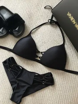 2019 Seksi Katı Siyah Bikini Dize bikini seti Halter Mayo Backless Mayo Kadınlar Brezilyalı Biquini Push Up Mayo