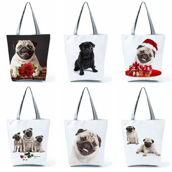 Köpek Baskılı Çanta Pug Rahat Yüksek Kapasiteli Eko Kullanımlık alışveriş çantası Kadın Çiçek Seyahat saklama kutusu Tüm Maç Özel Desen