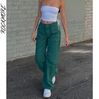 Rockmore Yeşil Vintage Kargo Kot Kadın Pamuk Baggy düz pantolon Streetwear Cepler Yüksek Bel Geniş Bacak Denim Pantolon 2021