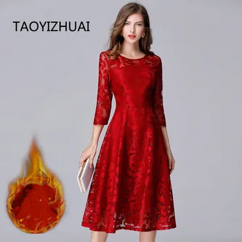 Yeni Varış Kış Vintage Kadınlar Elbiseler Kırmızı Stil Hollow Out Çiçek Manşetleri Artı Boyutu İmparatorluğu Orta Buzağı Uzun Kadın Elbise 14060R