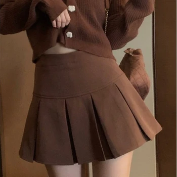 HOUZHOU Vintage Kahverengi Pilili Etek Kadın Bahar 2022 Kore Tarzı Y2K Yüksek Belli A-line Mini Etekler Tiki Tarzı Kızlar Rahat