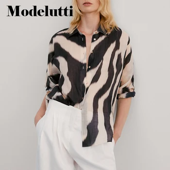 Modelutti 2022 Yeni Yaz Moda Yaka Uzun Kollu Pamuk Keten Zebra Baskılı Gömlek Kadın Gevşek Bluzlar Casual Tops Kadın
