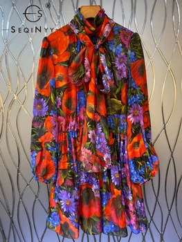 SEQINYY Sicilya Şifon Elbise Yaz Bahar Yeni Moda Tasarım Kadınlar Pist Yüksek Kalite 100 % İpek Vintage Çiçekler Baskı