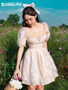 IAMSURE Vintage Tatlı Pembe evaze elbise Ruffles Kare Yaka Puf Kollu Çiçek Mini Elbiseler Kadınlar İçin 2022 İlkbahar Yaz Bayan