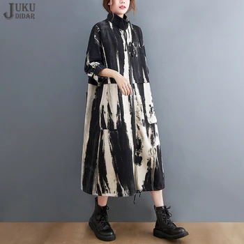 Vintage Baskılı Uzun Kollu Kadın Sonbahar Kış Elbise Büyük Boy Gevşek Fit Zip Up Standı Yaka Japon Tarzı rahat elbise JJXD239