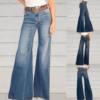 2021 Yeni Kot kadın Moda Katı Vintage Yüksek Bel Geniş Bacak Kot Pantolon Yıkama Geniş Bacak Düz Renk Kot Pantolon
