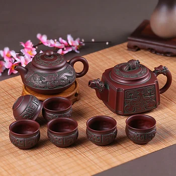 Yixing Mor Kum çay seti Retro Bronz Düz Pot Cevheri Demlik Seramik Büyük Çaydanlık Kung Fu Kabarcık Demlik Antika Ejderha çay bardağı