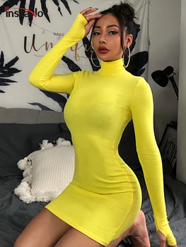 InstaHot Balıkçı Yaka Uzun Kollu Sıska Mini Elbise Kadın Sonbahar Seksi Spor Tarzı Elbiseler 4 Renk Bodycon Ince Sarı Clubwear