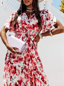 Yeni Wrap V Boyun Fırfır Düzensiz Boho Elbise Kadın Moda Çiçek baskılı uzun elbise Yaz Kısa Kollu İpli Bikini Cover Up