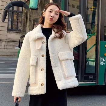 Kore Moda Kalın Yün Ceket 2021 Sıcak kadın Kış Koyun Derisi Ceket Tek Parça Kürk Mantolar Tüm Maç