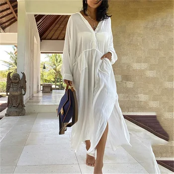 Seksi Bikini Cover-up Uzun Beyaz Tunik Casual Yaz Plaj Elbise Zarif Kadın Gevşek Plaj Kıyafeti mayo Cover Up