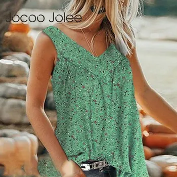 Jocoo Jolee Kadın Yaz Kolsuz V Boyun Çiçek Baskı Gevşek Bluz Casual Tank Tops Bayanlar Seksi Yelek Gömlek Şifon Bluzlar