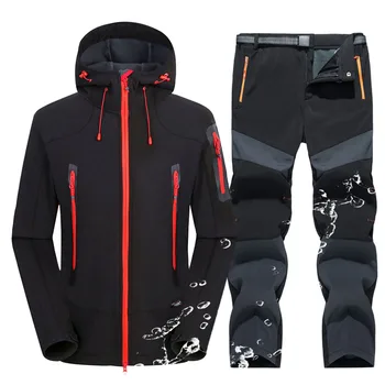 Yürüyüş Takım Elbise Erkekler Su Geçirmez Sıcak Softshell Ceket Ve Pantolon Açık Trekking Kamp Kapşonlu Polar Ceket Rüzgar Geçirmez Kayak Pantolon