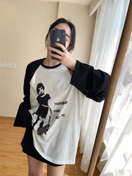 Vintage Baskı Büyük Boy İçi Boş T-shirt Kadın 2023 Bahar Yeni Kore Moda Şık Gevşek Uzun Kollu Üst Kadın Rahat T Shirt