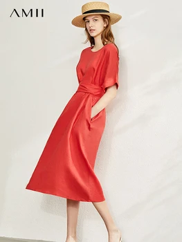 AMİİ Minimalist Kadın Elbise 2022 Yaz Yeni %100 % Keten Niş Tasarım Katı Moda Sanatsal Mizaç O-boyun Elbiseler 12342278