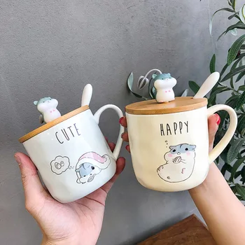 Yaratıcı Karikatür Hamster kapaklı kupa Kaşık, 400 ml Çay Fincanı Kahve Seramik Kupalar Ofis Fincan Ofis Drinkware Çift Fincan Hediye